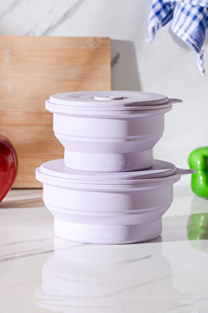 Mori Hava Sızdırmaz Yuvarlak Katlanabilir Silikon Saklama Kabı 600 ml | Mor