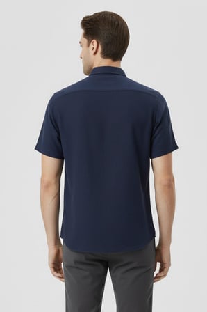 Lacivert Regular Fit %100 Pamuk Kısa Kollu Düğmeli Yaka Cepli Gömlek