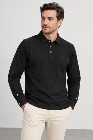 Erkek Polo Yaka Uzun Kollu Triko Sweatshırt – Düğmeli ve Manşetli SW2300001-Siyah