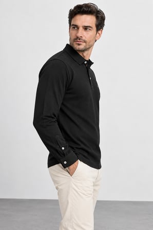 Erkek Polo Yaka Uzun Kollu Triko Sweatshırt – Düğmeli ve Manşetli SW2300001-Siyah