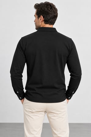 Erkek Polo Yaka Uzun Kollu Triko Sweatshırt – Düğmeli ve Manşetli SW2300001-Siyah