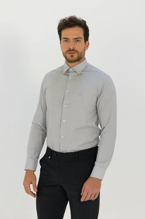 Gri %100 Pamuk Regular Fit Klasik Yaka Uzun Kollu Gömlek