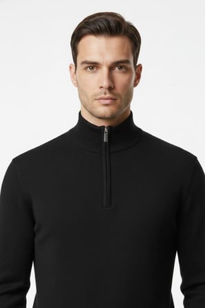 Siyah Regular Fit Pamuklu Fermuarlı Yarım Balıkçı Yaka Triko Kazak