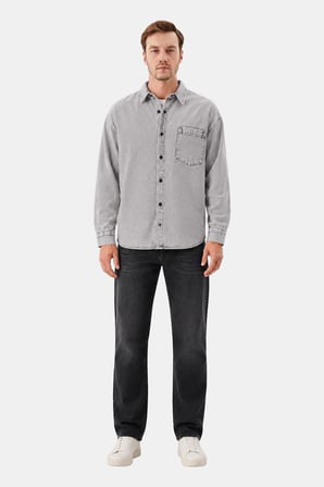 Açık Gri Regular Fit Pamuk Cepli Uzun Kollu Denim Ceket Gömlek