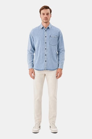 Buz Mavisi Regular Fit Pamuk Cepli Uzun Kollu Denim Ceket Gömlek
