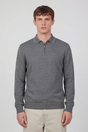 Gri Regular Fit Yünlü Fermuarlı Polo Yaka Triko Kazak