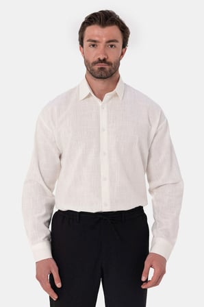 Beyaz %100 Pamuk Regular Fit Keten Görünümlü Uzun Kollu Gömlek