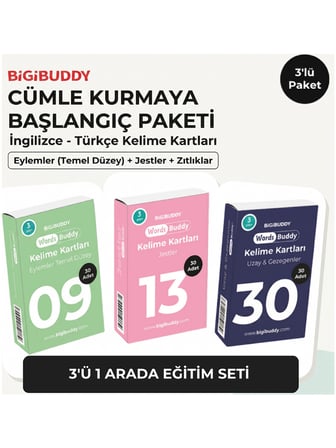 WordsBuddy Türkçe İngilizce Kelime Kartları Cümle Kurmaya Başlangıç 90 Kart 3’lü Set (BigiOne Cihaz Hariç)