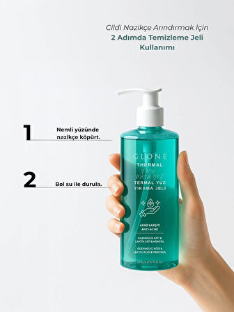GLONE Termal Yüz Temizleme Jeli | 200ml | Sebum Dengeleyici ve Gözenek Arındırıcı | Çay Ağacı & Mentol Ferahlığı