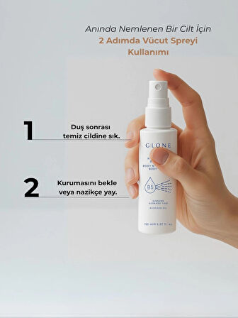 GLONE Vücut Nemlendirici Süt Sprey | 150ml | Hyaluronik Asit & Shea Yağı | 24 Saat Etkili Yoğun Nem, Hızlı Emilen Formül