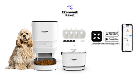Xenon Smart Akıllı Otomatik Kedi Mama Kabı, Otomatik Bataryalı Şarjlı Sensörlü, Su Pınarı Sebili ve Yedek Filtre 3'lü Pet Ürünleri Seti