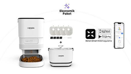 Xenon Smart Akıllı Otomatik Kedi Mama Kabı, Otomatik Bataryalı Şarjlı Sensörlü, Su Pınarı Sebili ve Yedek Filtre 3'lü Pet Ürünleri Seti