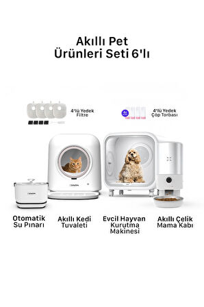 Xenon Smart Akıllı Evcil Hayvan Kurutma Makinesi Otomatik Kedi Tuvaleti Çelik Mama Kabı Şarjlı ve Bataryalı Su Sebili Yedek Filtre ve Yedek Çöp Torbası 6'lı Pet Ürünleri Seti