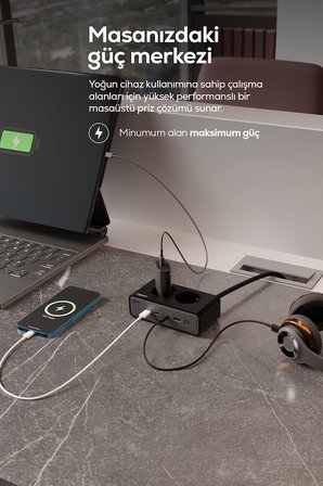 Masaüstü Priz Hızlı Şarj İstasyonu 6 in 1 | 2x 4000W AC, 65W 3xUSB-C, 1 USB-A, 100W Kablo (X6423)
