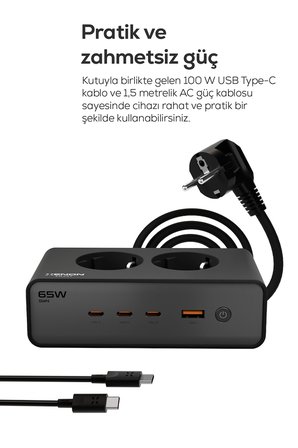 Masaüstü Priz Hızlı Şarj İstasyonu 6 in 1 | 2x 4000W AC, 65W 3xUSB-C, 1 USB-A, 100W Kablo (X6423)