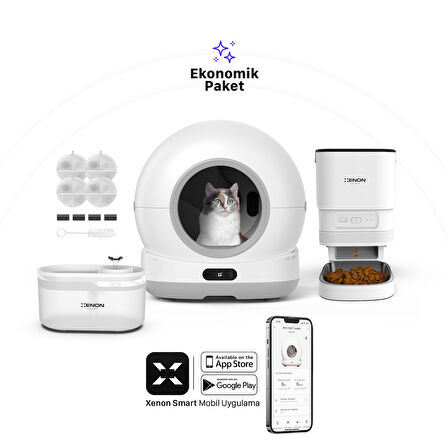 Xenon Smart Akıllı Otomatik Kameralı Kedi Tuvaleti Paslanmaz Çelik Kaseli Mama Kabı Led Işıklı Su Pınarı ve Filtre 4'lü Pet Seti