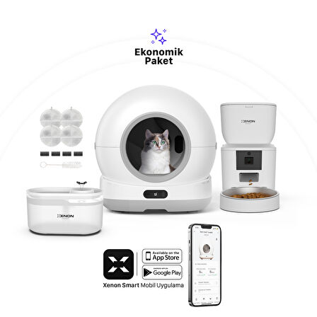Xenon Smart Akıllı Otomatik Kameralı Kedi Tuvaleti Paslanmaz Çelik Kaseli 4LT Mama Kabı Led Işıklı Su Pınarı ve Filtre 4'lü Pet Seti
