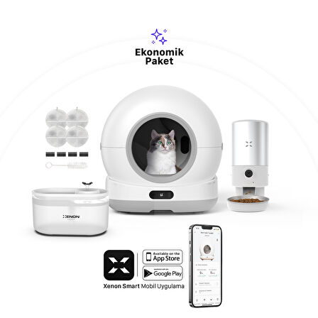 Xenon Smart Akıllı Otomatik Kameralı Kedi Tuvaleti Paslanmaz Çelik Kaseli 5LT Mama Kabı Led Işıklı Su Pınarı ve Filtre 4'lü Pet Seti