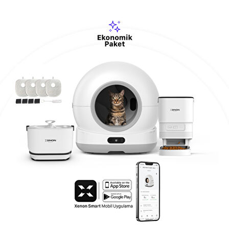 Xenon Smart Akıllı Otomatik Kameralı Kedi Tuvaleti Paslanmaz Çelik Kaseli Mama Kabı Bataryalı Su Pınarı ve Filtre 4'lü Pet Seti