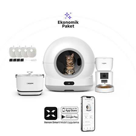 Xenon Smart Akıllı Otomatik Kameralı Kedi Tuvaleti Paslanmaz Çelik Kaseli 4LT Mama Kabı Bataryalı Su Pınarı ve Filtre 4'lü Pet Seti