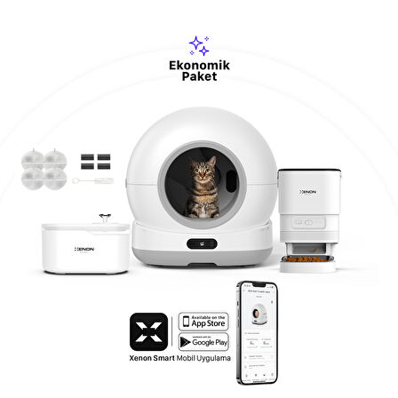 Xenon Smart Akıllı Otomatik Kedi Tuvaleti Paslanmaz Çelik Kaseli Mama Kabı Led Işıklı Su Pınarı ve Filtre 4'lü Pet Seti