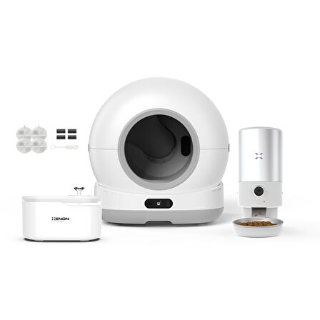 Xenon Smart Akıllı Otomatik Kedi Tuvaleti Paslanmaz Çelik Kaseli 5LT Hazneli Mama Kabı Led Işıklı Su Pınarı ve Filtre 4'lü Pet Seti