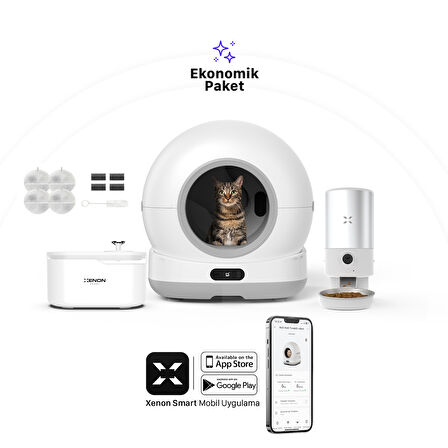 Xenon Smart Akıllı Otomatik Kedi Tuvaleti Paslanmaz Çelik Kaseli 5LT Hazneli Mama Kabı Led Işıklı Su Pınarı ve Filtre 4'lü Pet Seti