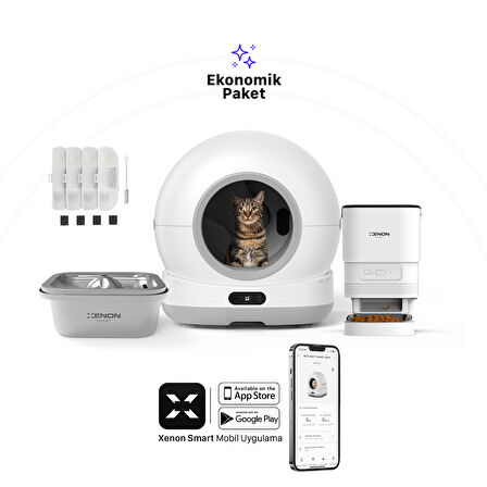 Xenon Smart Akıllı Otomatik Kedi Tuvaleti Paslanmaz Çelik Kaseli Mama Kabı Çelik Hazneli Su Pınarı ve Filtre 4'lü Pet Seti