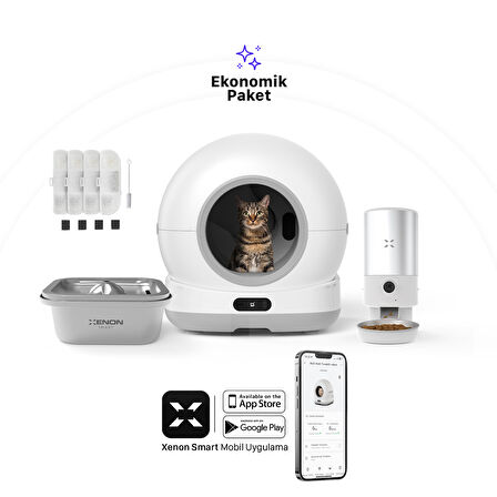 Xenon Smart Akıllı Otomatik Kedi Tuvaleti Paslanmaz Çelik Kaseli 5LT Mama Kabı Çelik Hazneli Su Pınarı ve Filtre 4'lü Pet Seti