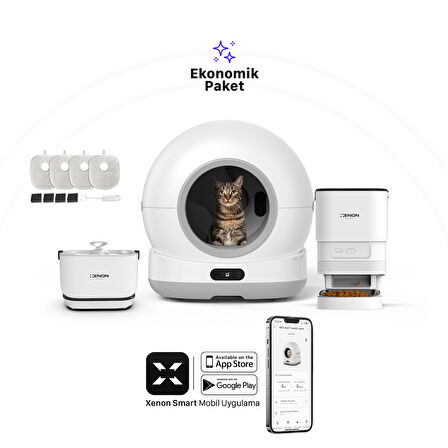 Xenon Smart Akıllı Otomatik Kedi Tuvaleti Paslanmaz Çelik Kaseli Mama Kabı Bataryalı Su Pınarı ve Filtre 4'lü Pet Seti
