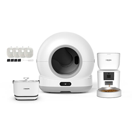 Xenon Smart Akıllı Otomatik Kedi Tuvaleti Paslanmaz Çelik Kaseli 4LT Hazneli Mama Kabı Bataryalı Su Pınarı ve Filtre 4'lü Pet Seti