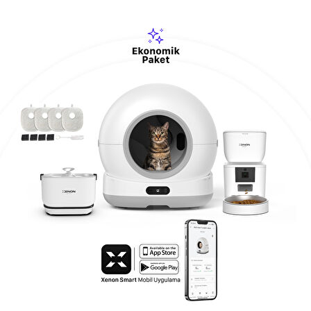 Xenon Smart Akıllı Otomatik Kedi Tuvaleti Paslanmaz Çelik Kaseli 4LT Hazneli Mama Kabı Bataryalı Su Pınarı ve Filtre 4'lü Pet Seti