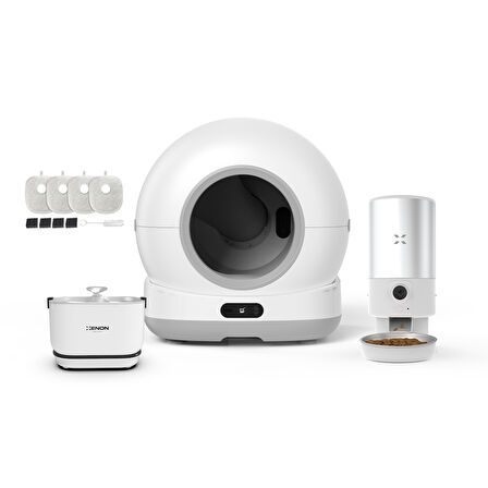 Xenon Smart Akıllı Otomatik Kedi Tuvaleti Paslanmaz Çelik Kaseli 5LT Hazneli Mama Kabı Bataryalı Su Pınarı ve Filtre 4'lü Pet Seti