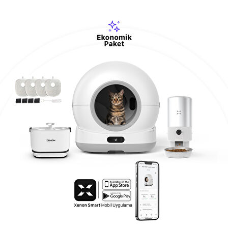 Xenon Smart Akıllı Otomatik Kedi Tuvaleti Paslanmaz Çelik Kaseli 5LT Hazneli Mama Kabı Bataryalı Su Pınarı ve Filtre 4'lü Pet Seti