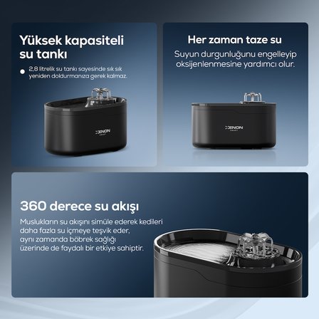 Xenon Smart Kedi Su Pınarı | Ultra Sessiz, Wifi, Akıllı, Otomatik, Su Çeşmesi (Siyah - X8650)