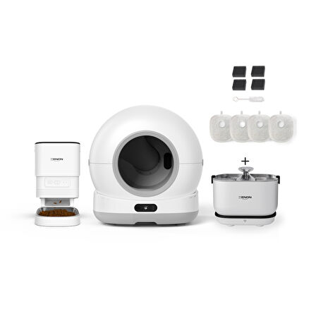 Xenon Smart Akıllı Otomatik Kamerasız Kedi Tuvaleti Paslanmaz Çelik Kaseli Mama Kabı Akıllı Bataryalı Su Pınarı ve Filtre 4'lü Pet Seti