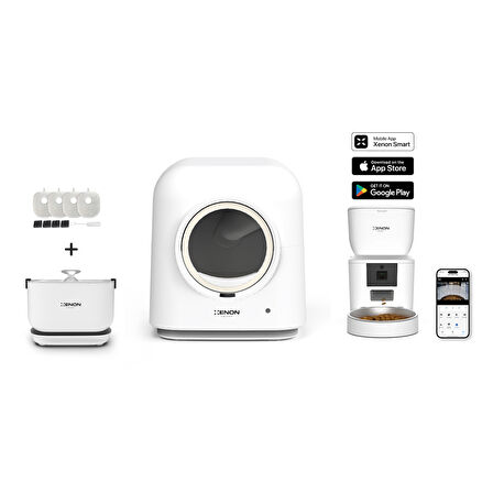 Xenon Smart Akıllı Otomatik Kedi Tuvaleti 4LT Çelik Hazneli Kameralı Mama Kabı Bataryalı Su Pınarı ve Yedek Filtre Pet Seti