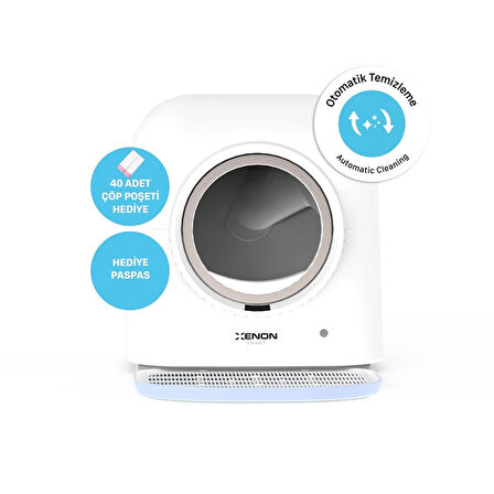 Xenon Smart Akıllı Otomatik Kedi Tuvaleti 4LT Çelik Hazneli Kameralı Mama Kabı Bataryalı Su Pınarı ve Yedek Filtre Pet Seti