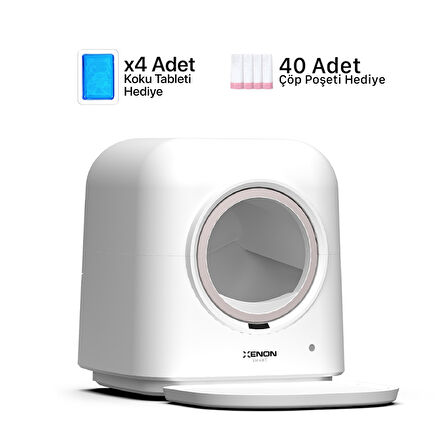 Xenon Smart Akıllı Otomatik Kedi Tuvaleti 4LT Çelik Hazneli Kameralı Mama Kabı Bataryalı Su Pınarı ve Yedek Filtre Pet Seti