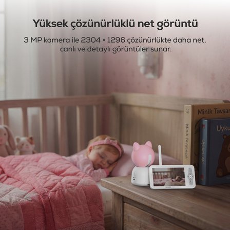 Bebek Kamerası 3MP | 5"" Monitör, Mobil Takip, Ağlama Algılama, 360° Gece Görüş, RGB Lambalı (X7202)