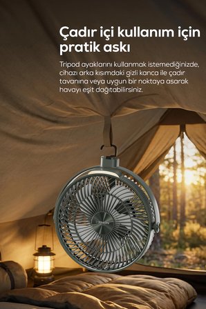 Taşınabilir Kamp Vantilatörü | 8000 mAh, Bataryalı, Tripodlu, Işıklı, Sessiz (X7434-Yeşil)