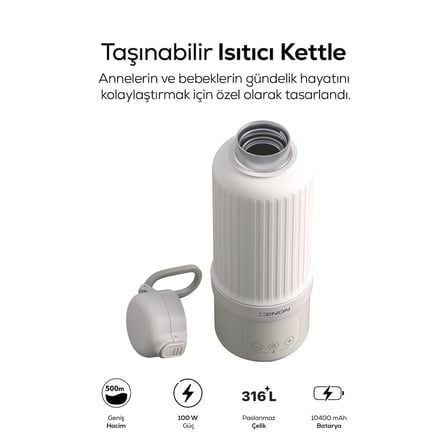 Xenon Smart Taşınabilir Su Isıtıcı | Modüler Bataryalı, 500 ml, Paslanmaz Çelik, Sıcaklık Ayarlı, Mama ve Süt Isıtıcı (X1004)