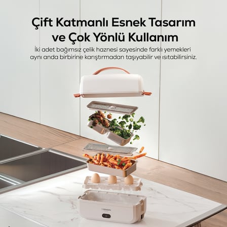 Elektrikli Sefer Tası | Isıtıcılı, Çift Hazneli, Çelik, Vakumlu, Sızdırmaz, Yemek Kabı (X1122)