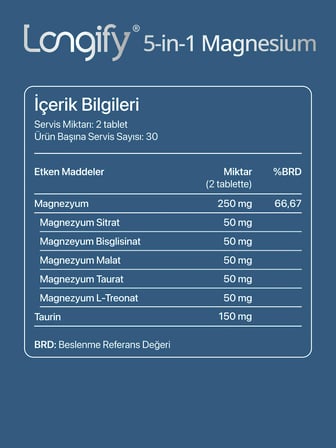 5-in-1 Magnesium; Magnezyum Bisglisinat, Sitrat, Malat, L-Treonat, Taurat ve Taurin 60 Tablet