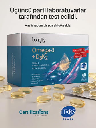 Omega 3 + D3K2, IFOS Onaylı, Yüksek EPA & DHA, Vitamin D3, Vitamin K2 (MK7), Vitamin E, Balık Yağı, 60 Yumuşak Kapsül