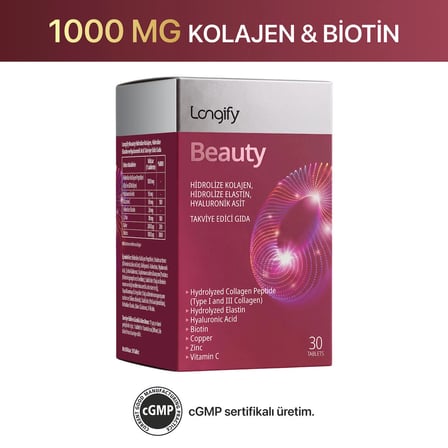 Beauty Hidrolize Kolajen Tip 1 ve Tip 3, Hidrolize Elastin, Hyaluronik Asit, Biotin, Vitamin C, Çinko, Bakır Takviye Edici Gıda 30 Tablet