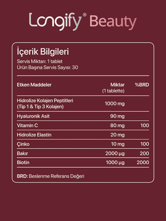 Beauty Hidrolize Kolajen Tip 1 ve Tip 3, Hidrolize Elastin, Hyaluronik Asit, Biotin, Vitamin C, Çinko, Bakır Takviye Edici Gıda 30 Tablet
