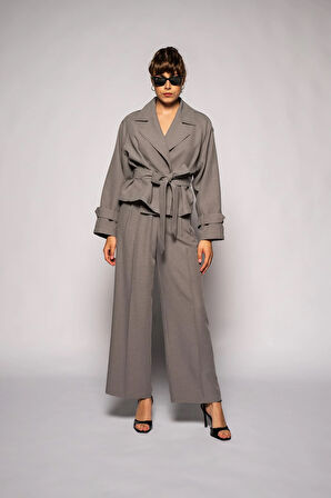 Kadın Gri Çift Pileli Oversize Pantolon