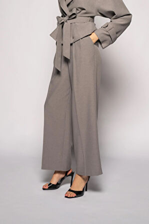 Kadın Gri Çift Pileli Oversize Pantolon