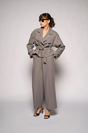 Kadın Gri Çift Pileli Oversize Pantolon